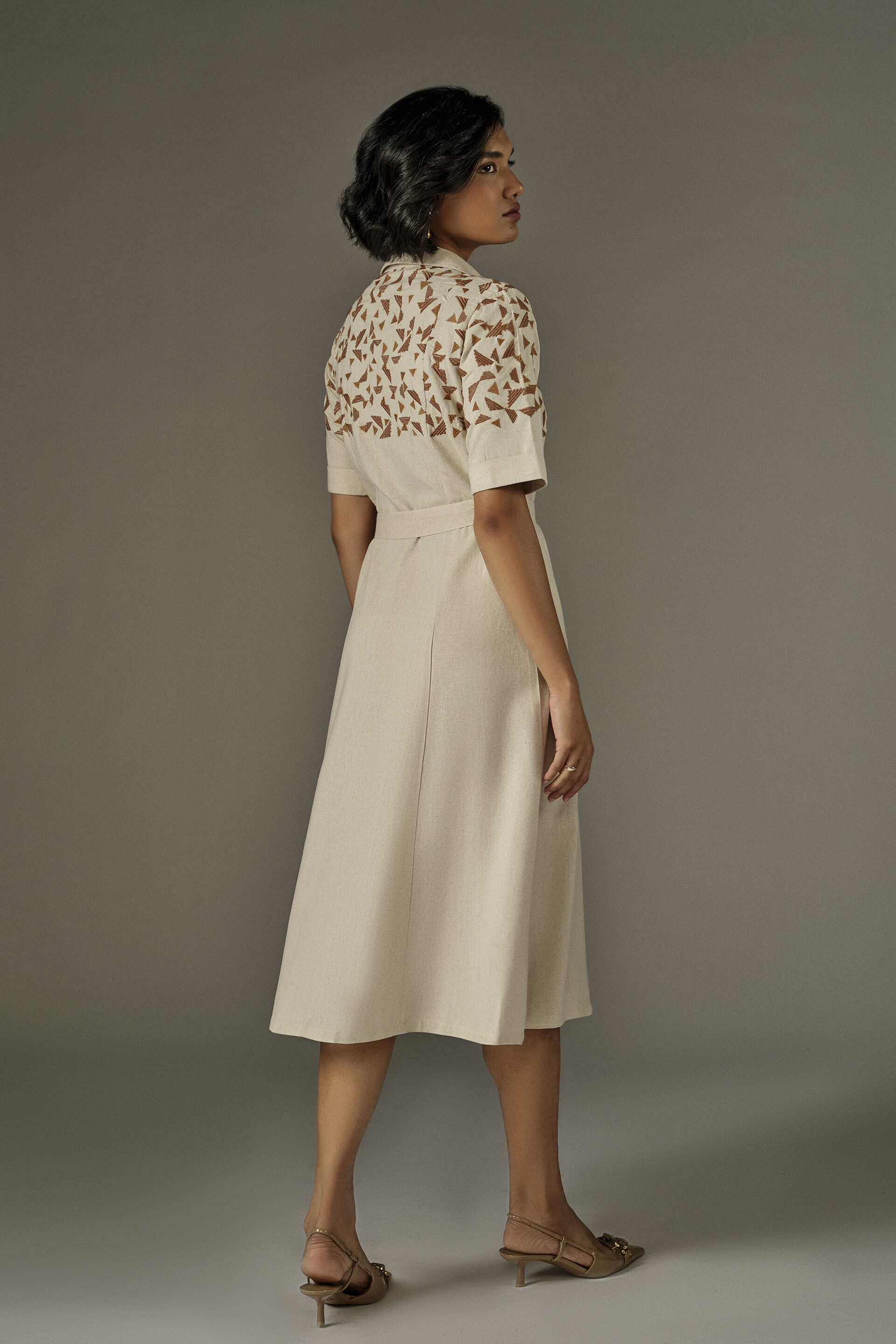 Geometric Embroidered Shirt Dress in Natural, Peach, image 6